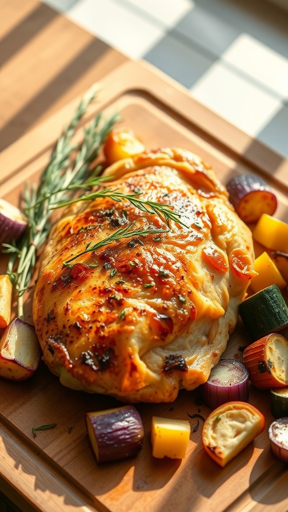 Juicy baked chicken breast garnished with herbs on a wooden board, paired with roasted vegetables.